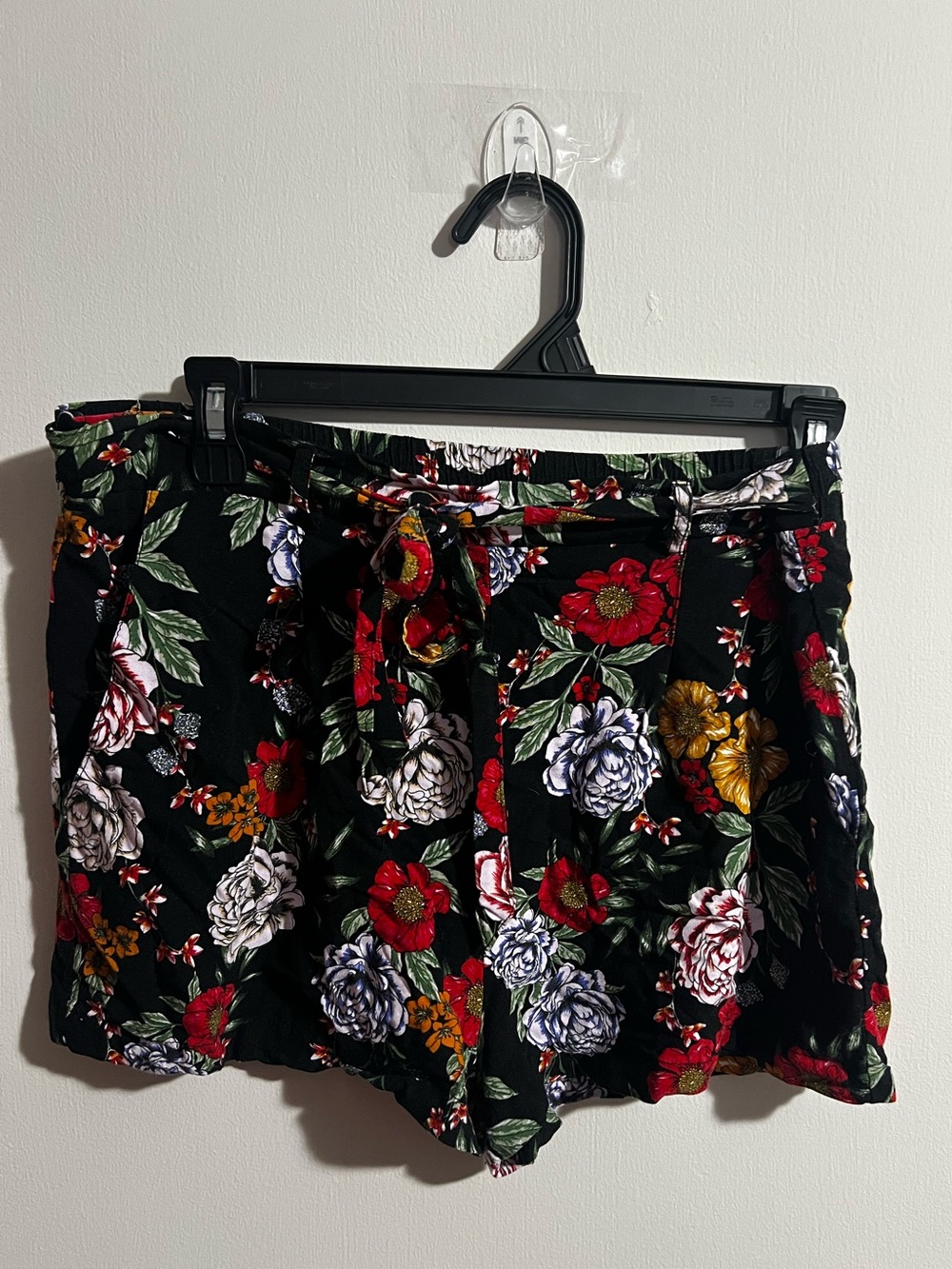 Floral Tie-Waist Women's Shorts - Black with Red & Multi Floral